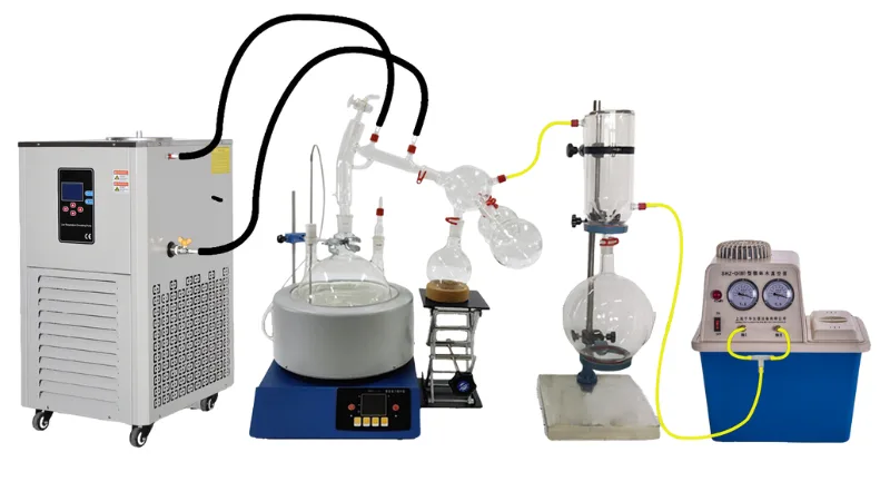 Short path distillation with chiller and vacuum pump